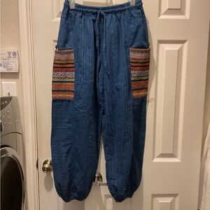 Women's Blue Pants with Patterned Pockets